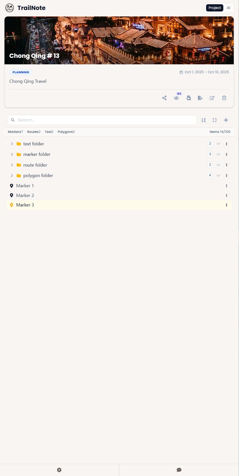 TrailNote folder tree organizing markers, routes, text labels, and polygons